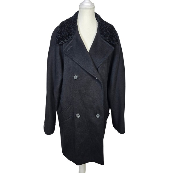Kasper Jackets & Blazers - Kasper Womens Black Double Breasted Wool Blend Coat Faux Fur Collar Made USA